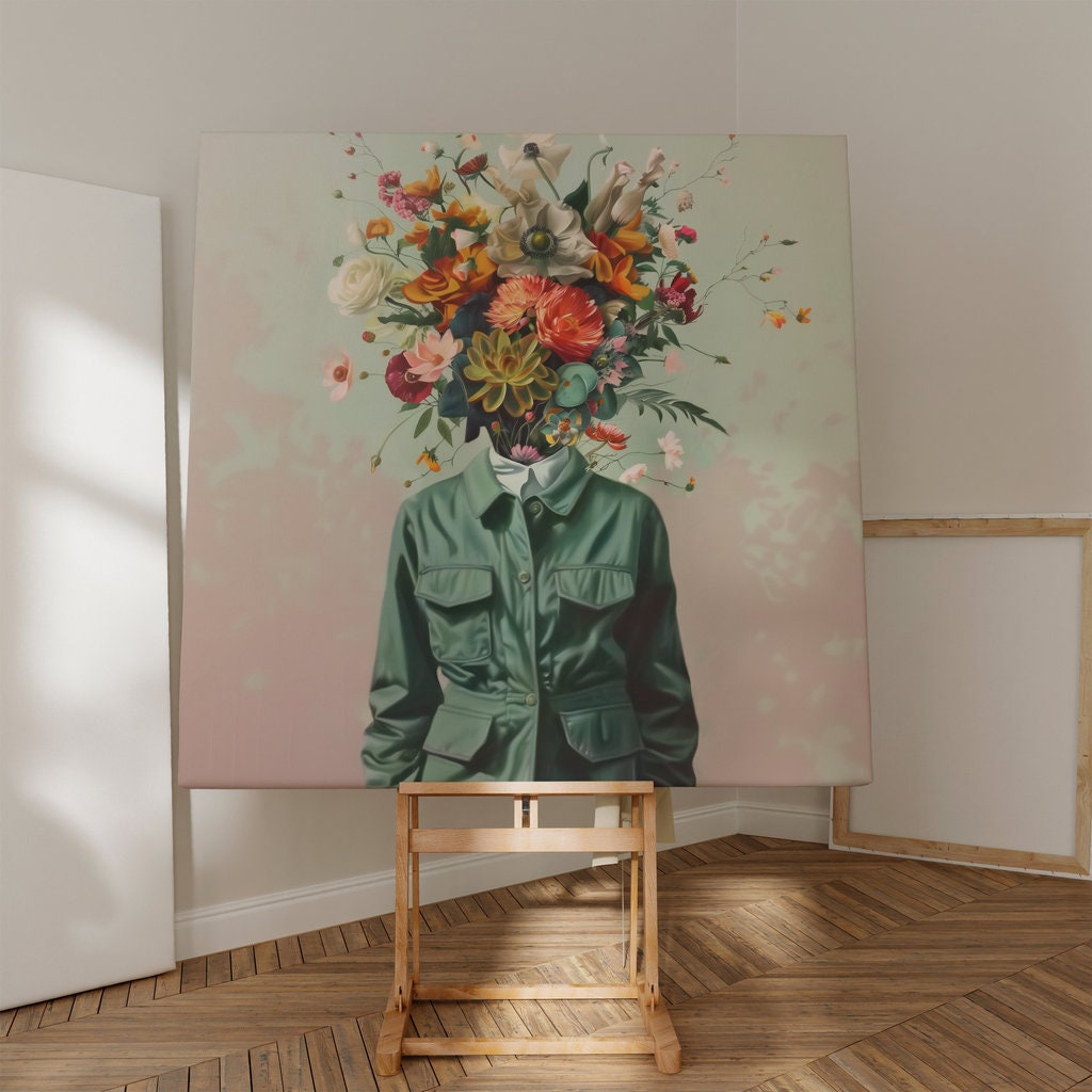 The Blooming Mind: Surreal Flower Head Portrait | Whimsical & Modern Wall Art