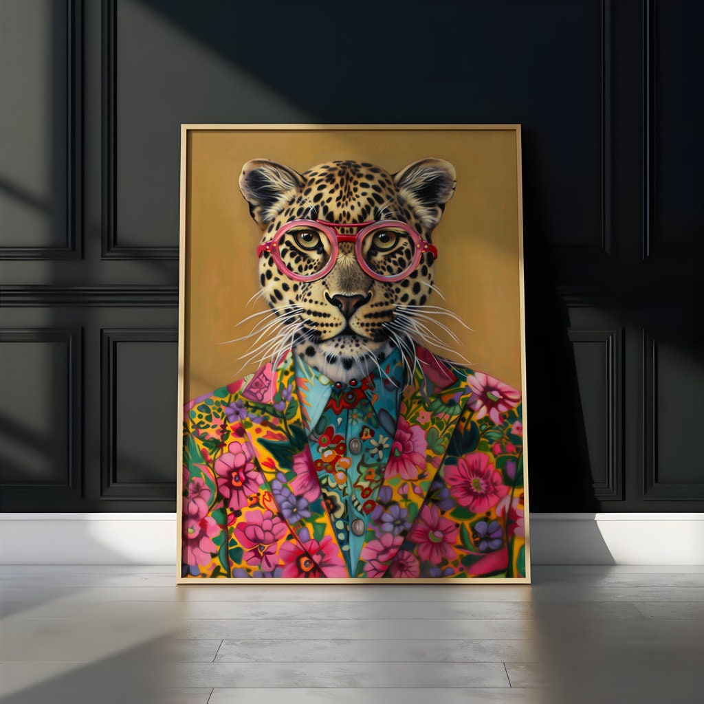 Leopard in Floral Jacket and Pink Glasses Bold and Stylish Animal Portrait Interactive Wall Art