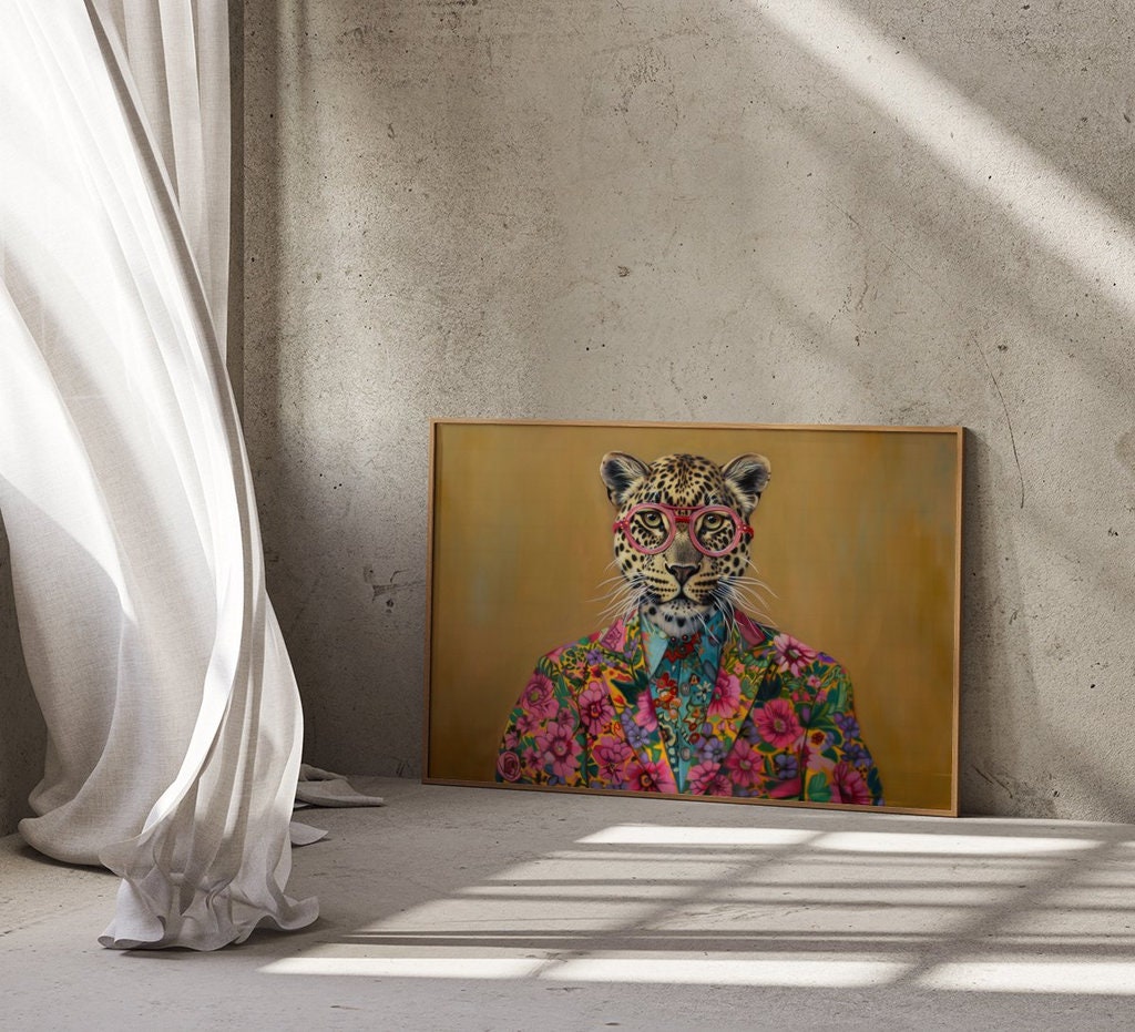 Leopard in Floral Jacket and Pink Glasses Bold and Stylish Animal Portrait Interactive Wall Art