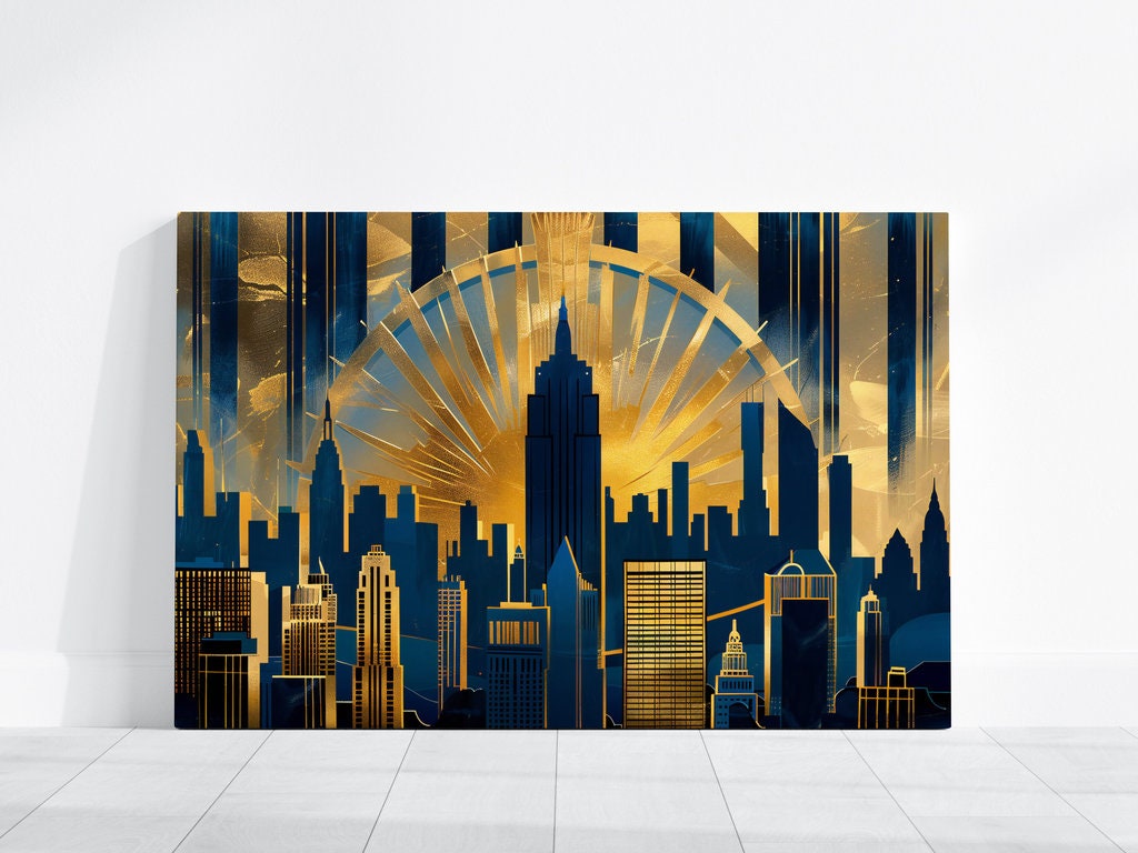 Golden Art Deco Cityscape - Vibrant Skyline and Dramatic Light Burst Art, Framed Art, Canvas, Immersive Art, QR code Live Art