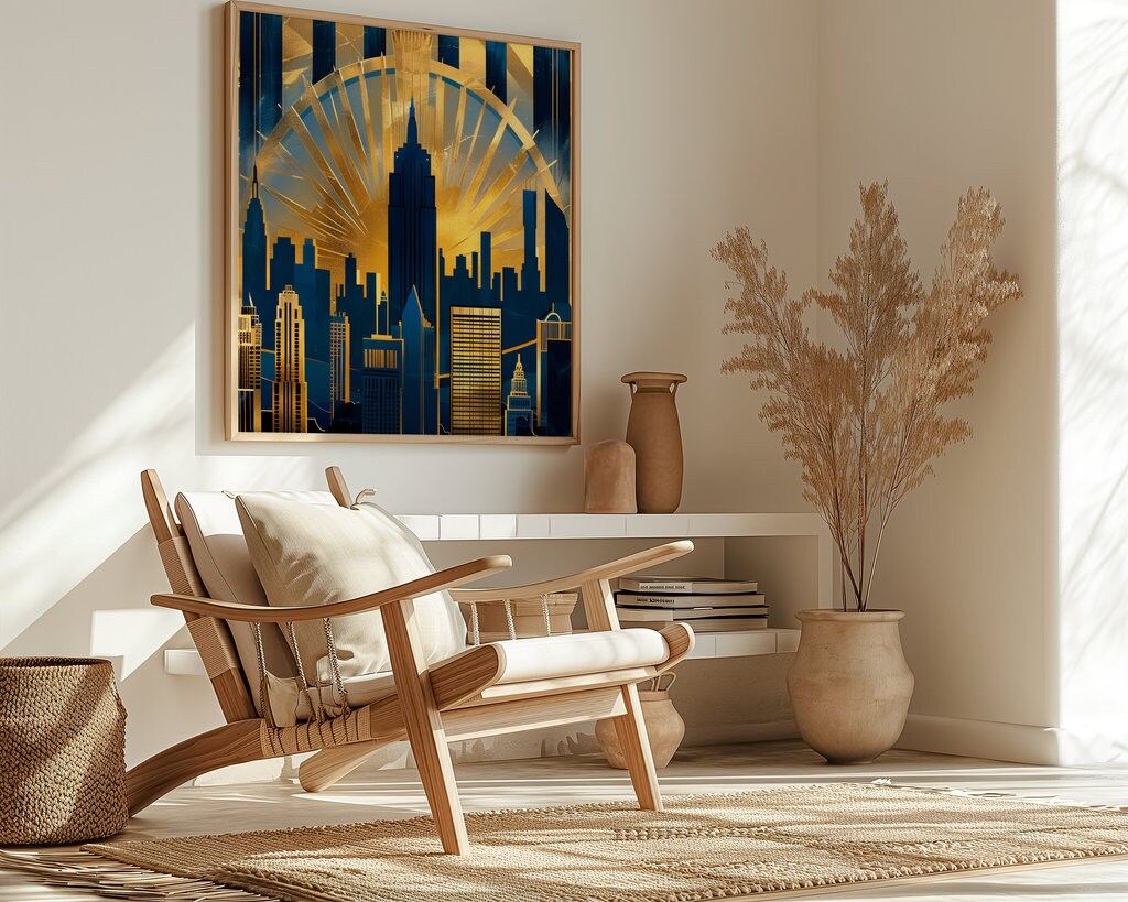 Golden Art Deco Cityscape - Vibrant Skyline and Dramatic Light Burst Art, Framed Art, Canvas, Immersive Art, QR code Live Art