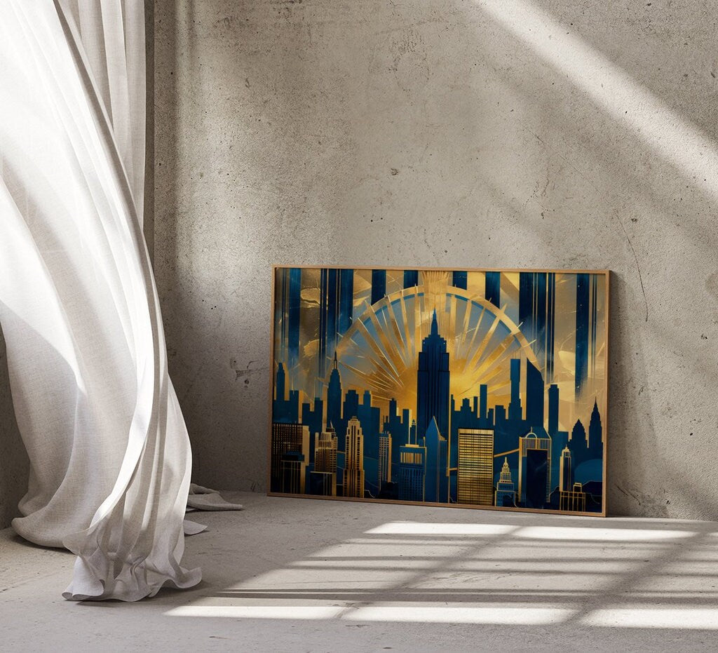 Golden Art Deco Cityscape - Vibrant Skyline and Dramatic Light Burst Art, Framed Art, Canvas, Immersive Art, QR code Live Art