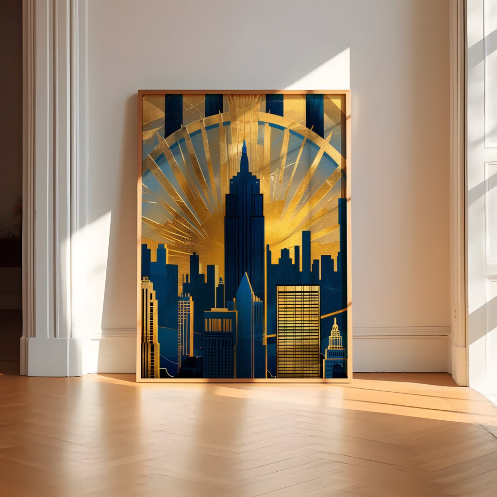 Golden Art Deco Cityscape - Vibrant Skyline and Dramatic Light Burst Art, Framed Art, Canvas, Immersive Art, QR code Live Art