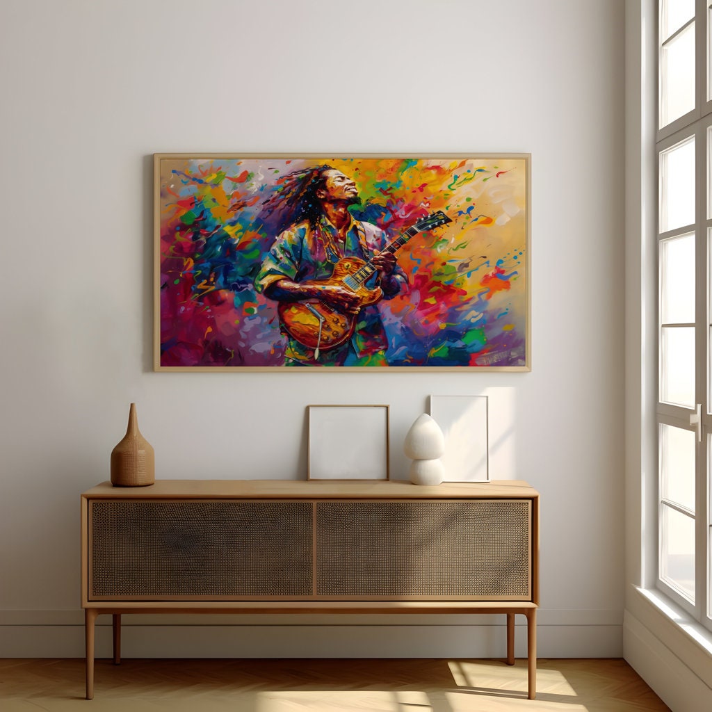 Dynamic Musician with Dreadlocks Vibrant Guitar Performance Interactive Wall Art