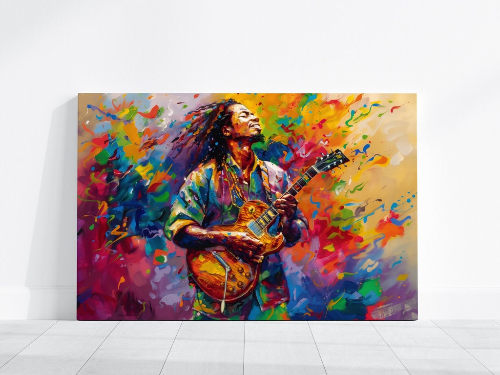 Dynamic Musician with Dreadlocks Vibrant Guitar Performance Interactive Wall Art