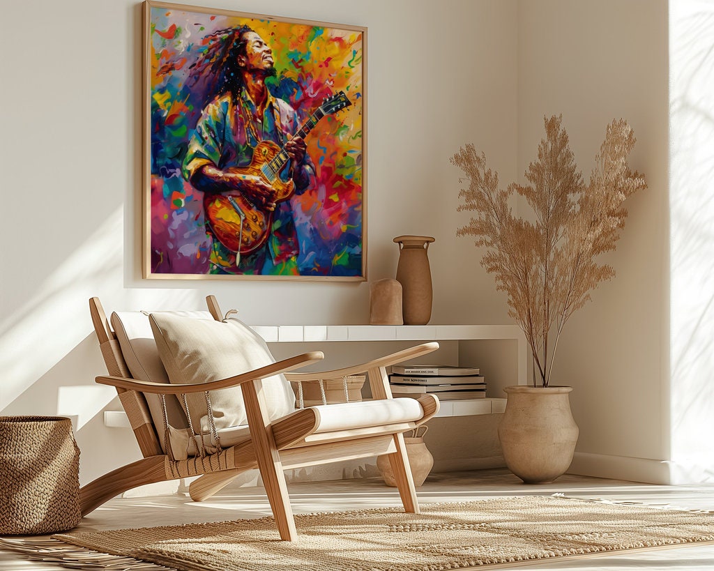 Dynamic Musician with Dreadlocks Vibrant Guitar Performance Interactive Wall Art