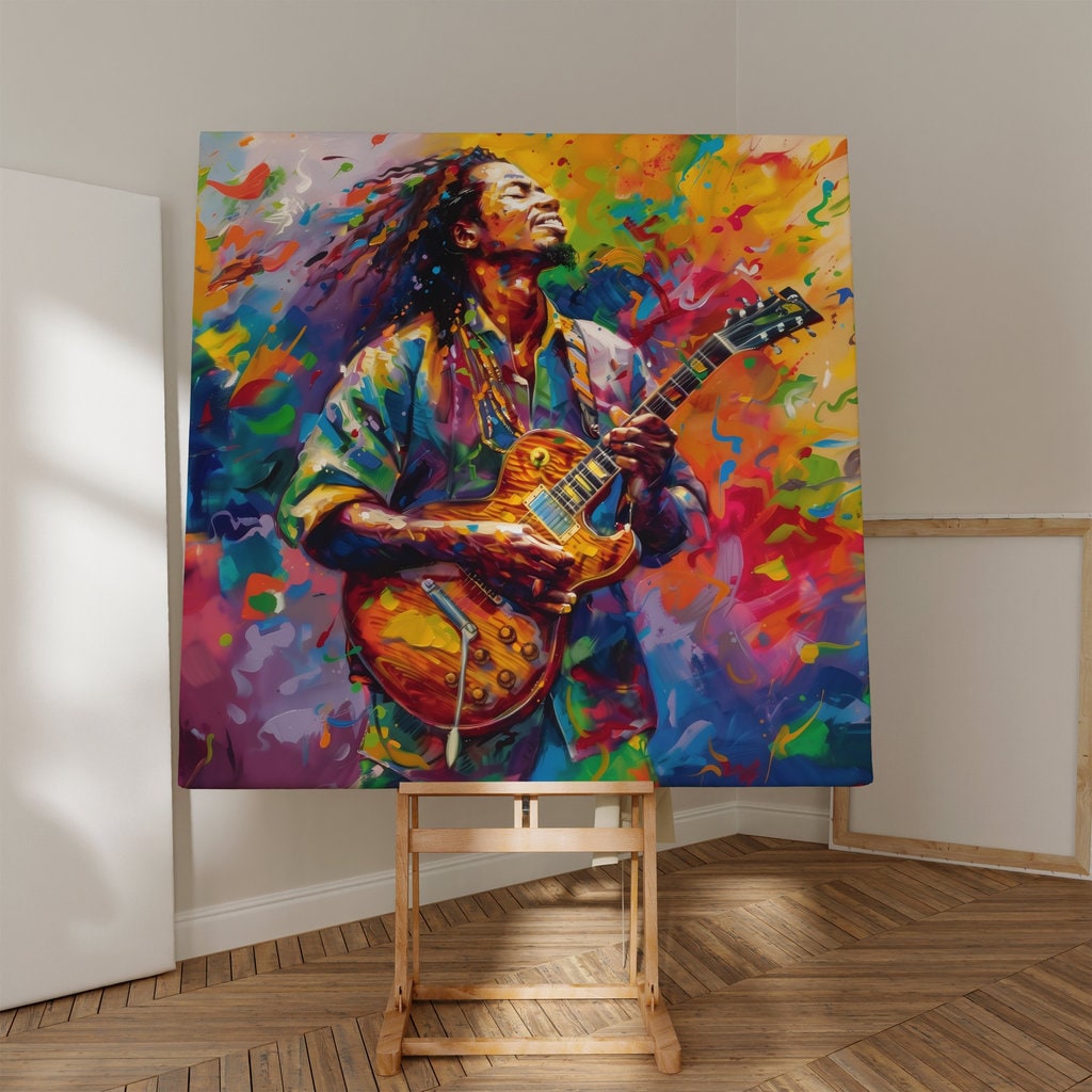 Dynamic Musician with Dreadlocks Vibrant Guitar Performance Interactive Wall Art