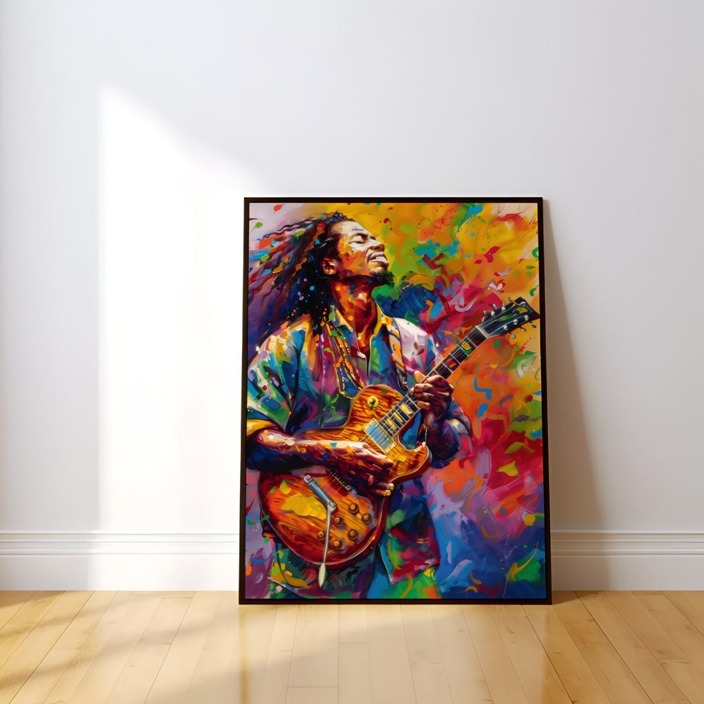 Dynamic Musician with Dreadlocks Vibrant Guitar Performance Interactive Wall Art