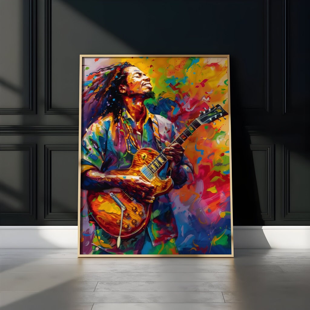 Dynamic Musician with Dreadlocks Vibrant Guitar Performance Interactive Wall Art