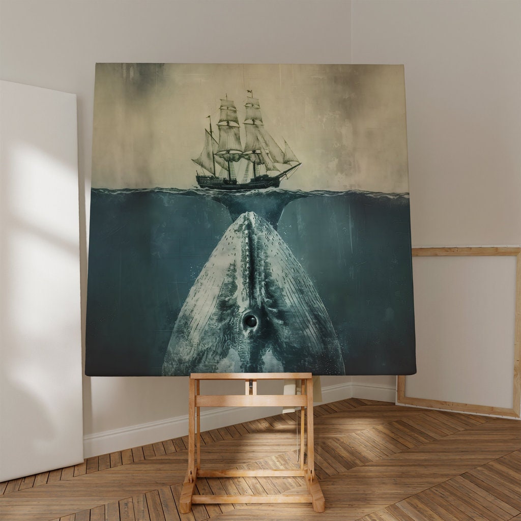 Mystery Beneath the Waves Massive Whale Swimming Below Sailing Ship Interactive Wall Art