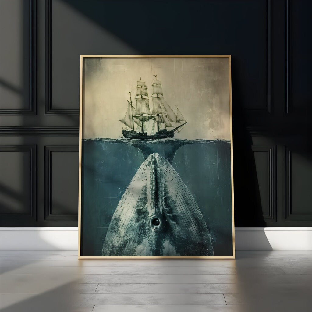 Mystery Beneath the Waves Massive Whale Swimming Below Sailing Ship Interactive Wall Art