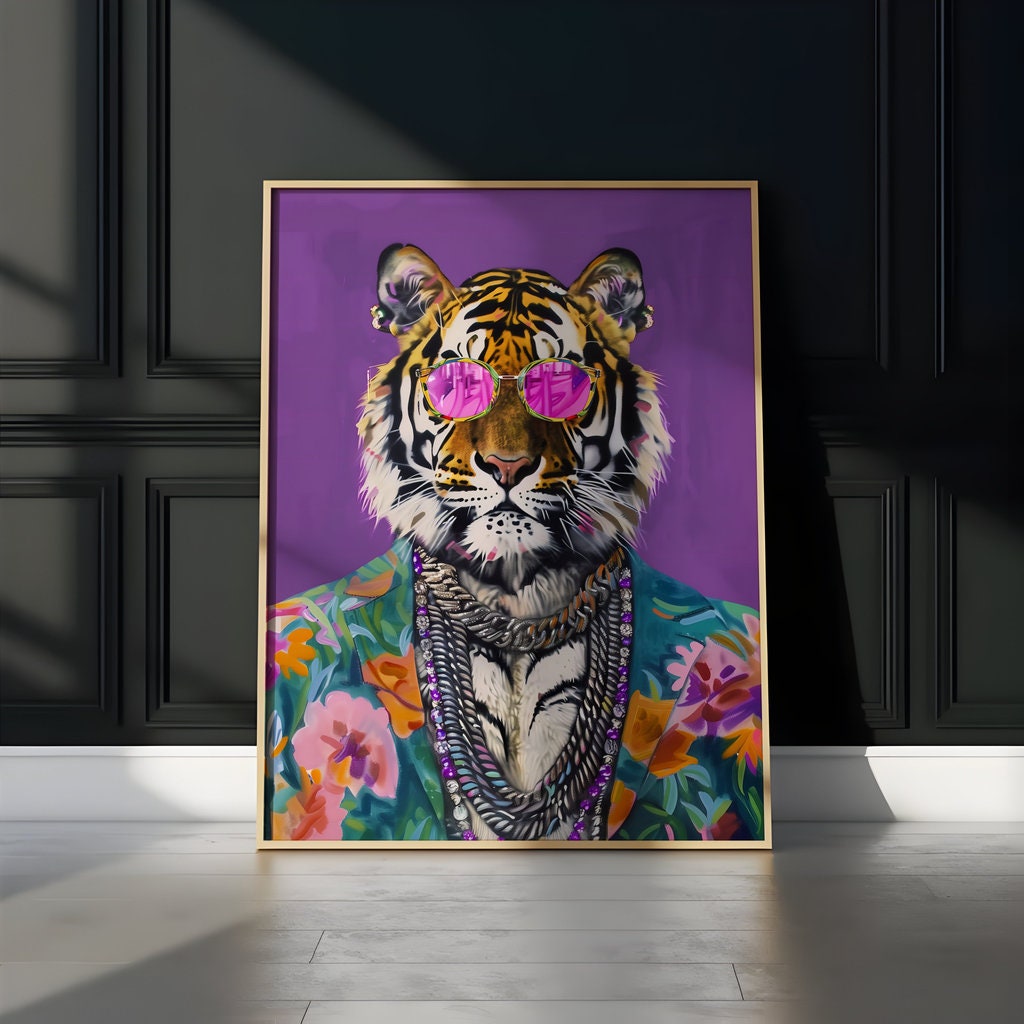 Stylish Tiger in Sunglasses Bold and Colorful Interactive Wall Art