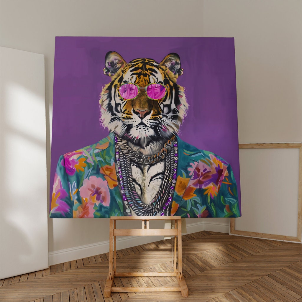 Stylish Tiger in Sunglasses Bold and Colorful Interactive Wall Art