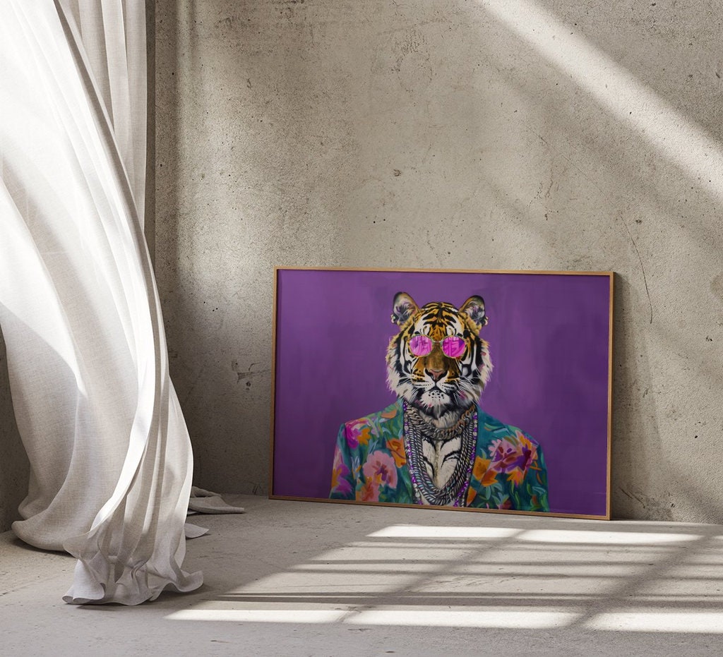 Stylish Tiger in Sunglasses Bold and Colorful Interactive Wall Art