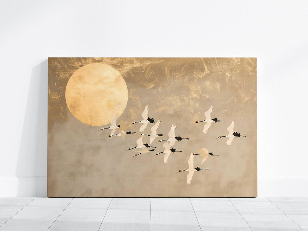 Golden Moon Flight Cranes in Traditional Japanese Painting Style Interactive Wall Art