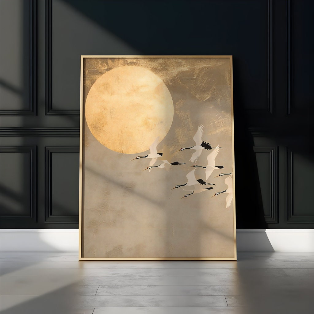 Golden Moon Flight Cranes in Traditional Japanese Painting Style Interactive Wall Art