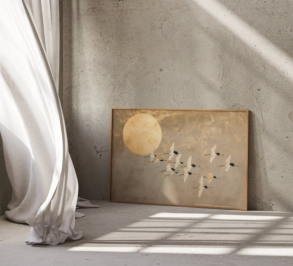 Golden Moon Flight Cranes in Traditional Japanese Painting Style Interactive Wall Art