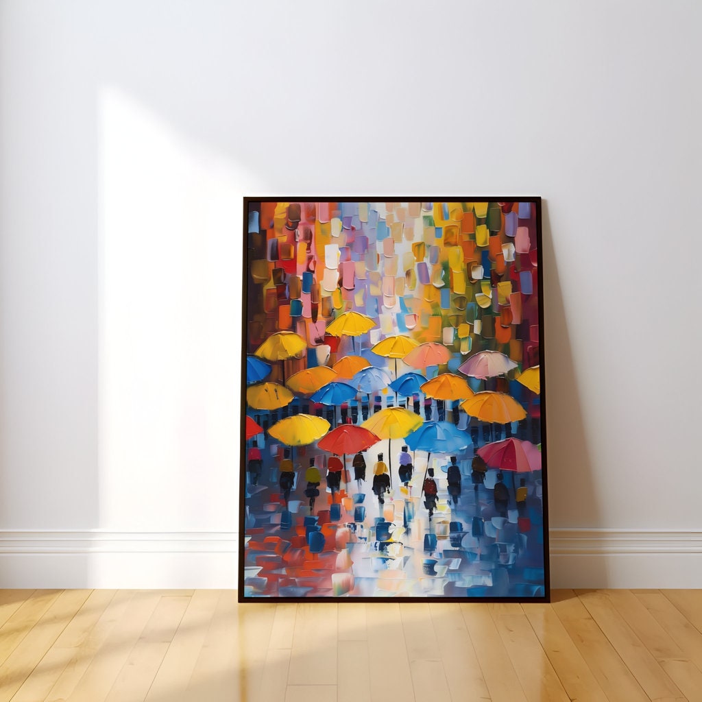 Rainy City Street Impressionist Painting with Vibrant Umbrellas Interactive Wall Art