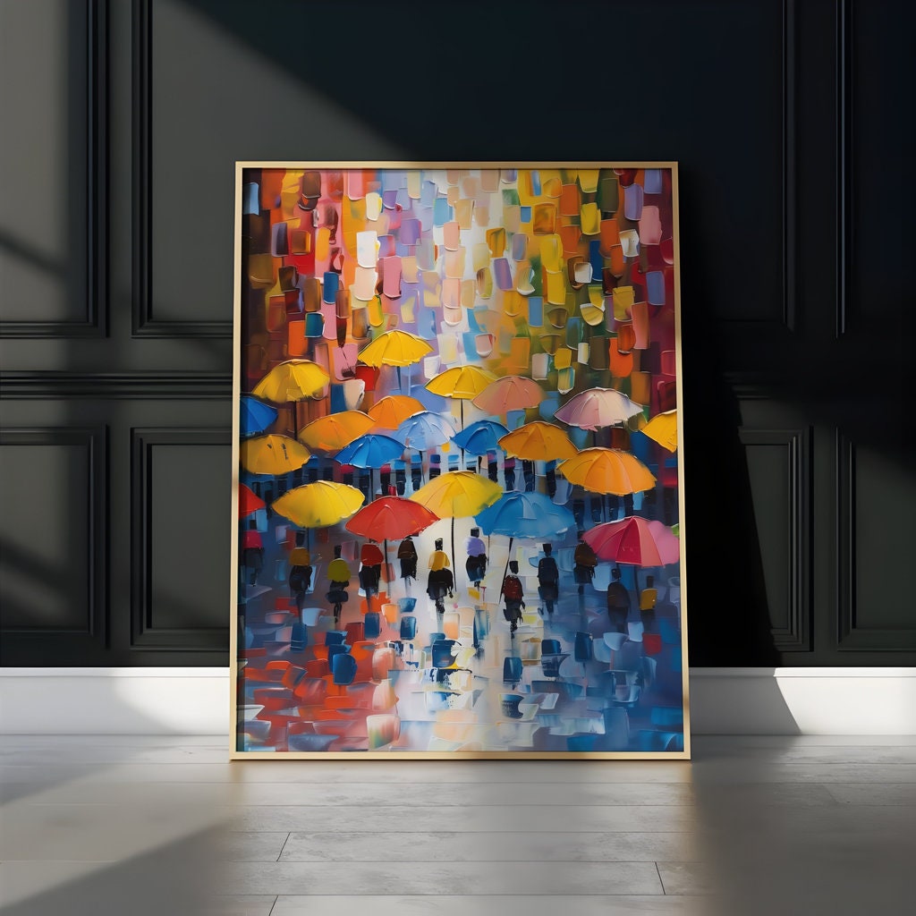 Rainy City Street Impressionist Painting with Vibrant Umbrellas Interactive Wall Art