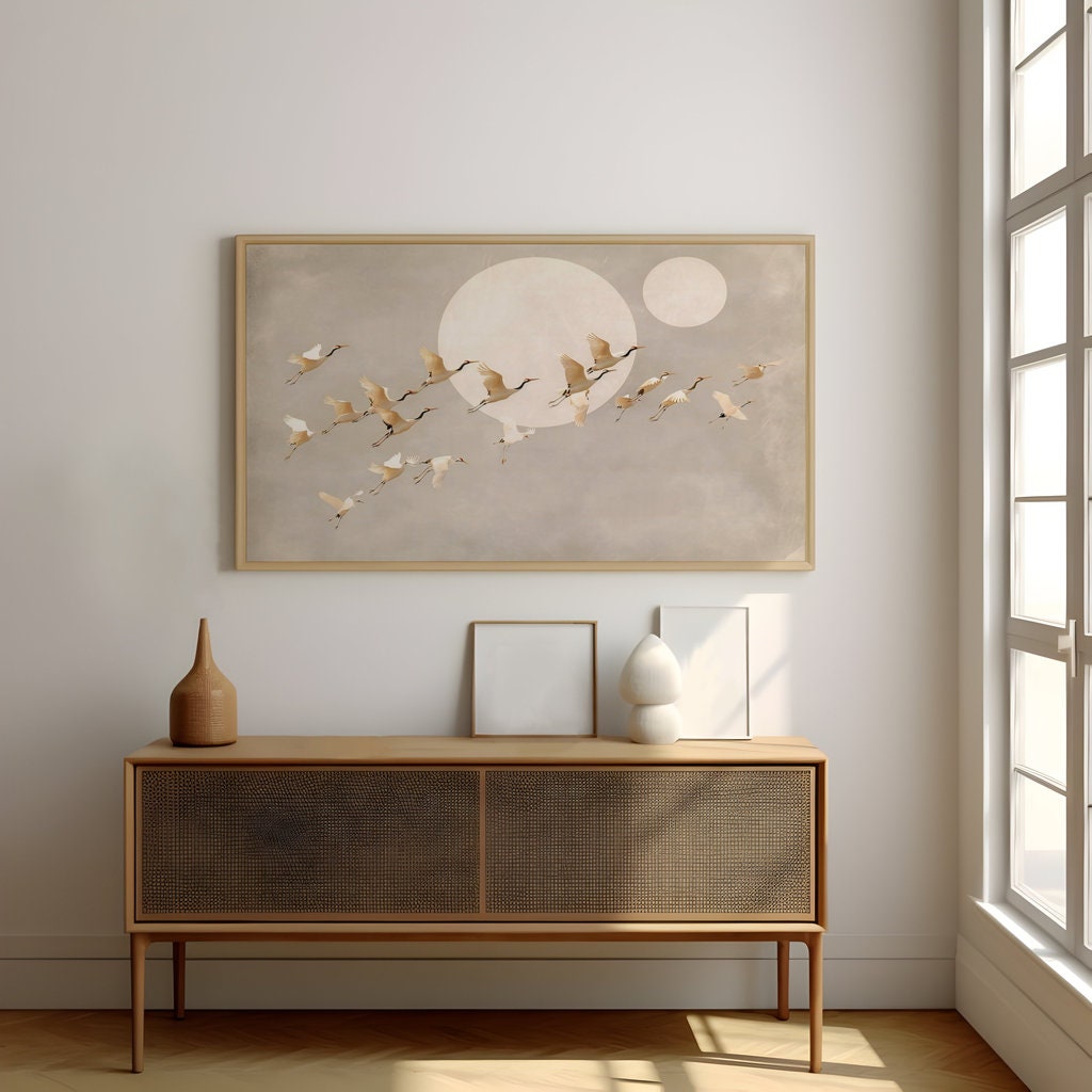 Ethereal Cranes Flying by Full Moon Interactive Wall Art