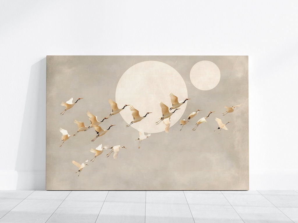 Ethereal Cranes Flying by Full Moon Interactive Wall Art