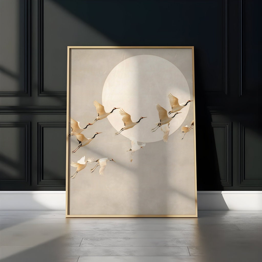 Ethereal Cranes Flying by Full Moon Interactive Wall Art