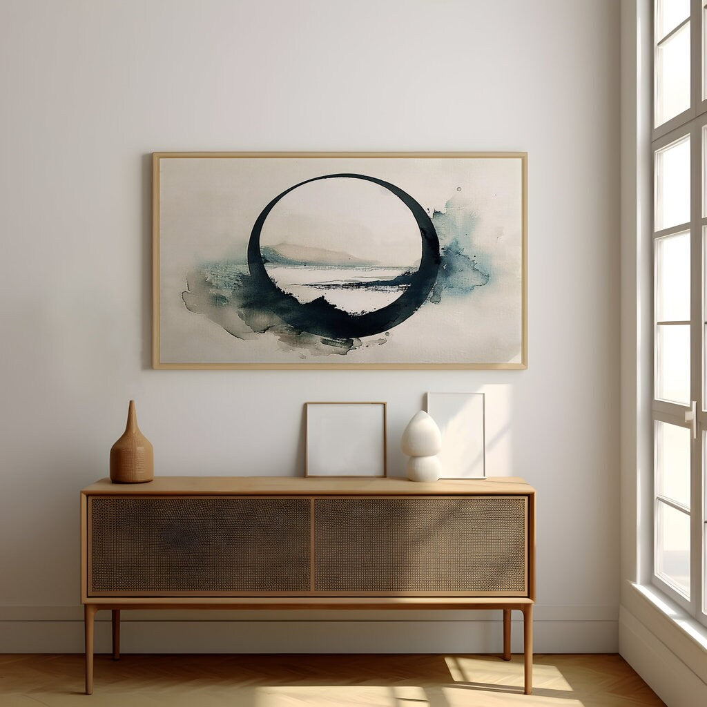 Misty Mountain Reflection Serene Landscape in Circular Frame Interactive Wall Art