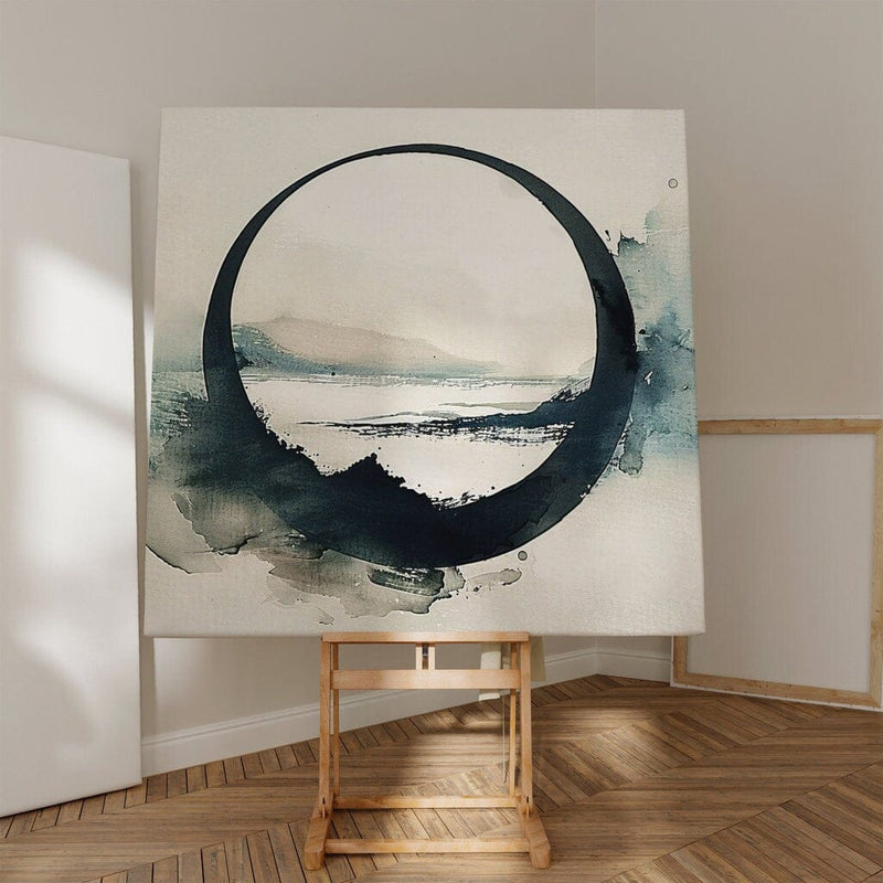 Minimalist Mountain Art – Serene Wall Decor | Misty Reflection & Circular Frame