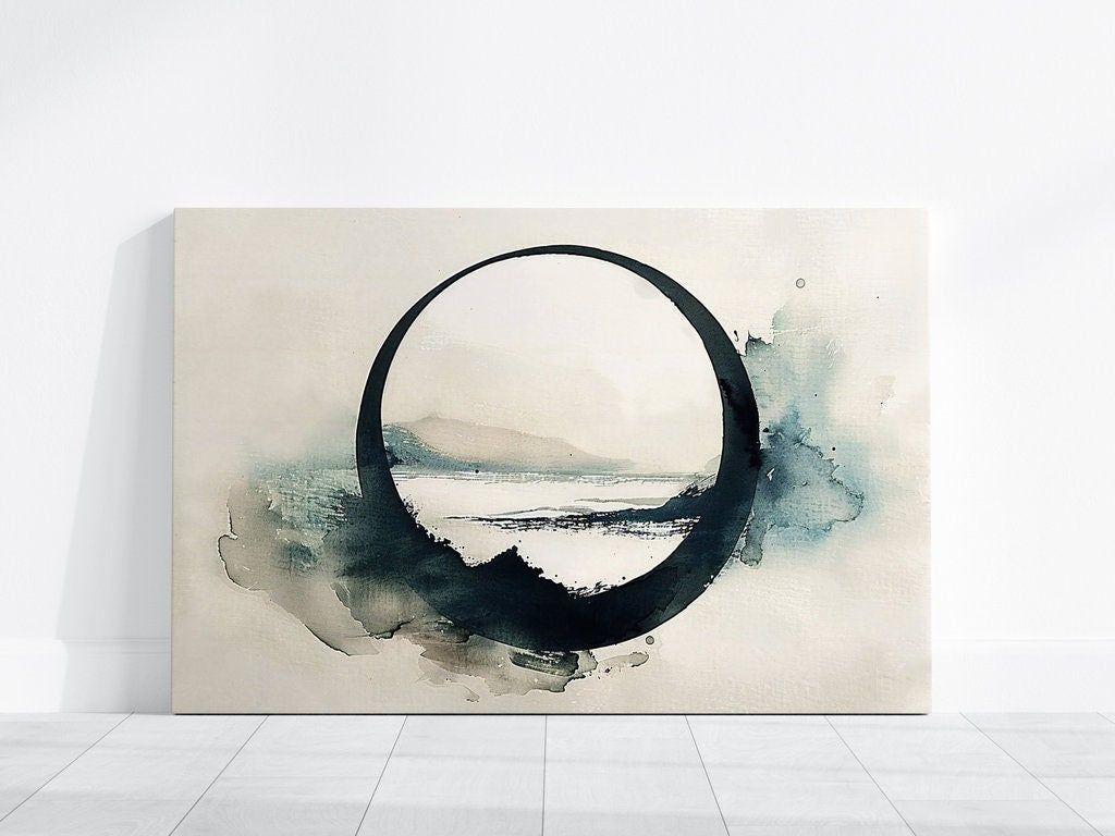 Misty Mountain Reflection Serene Landscape in Circular Frame Interactive Wall Art