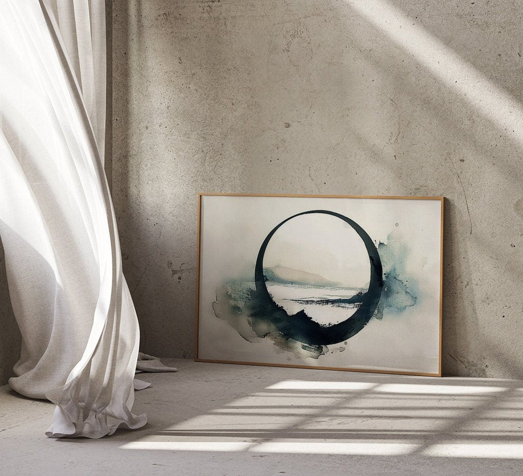 Misty Mountain Reflection Serene Landscape in Circular Frame Interactive Wall Art