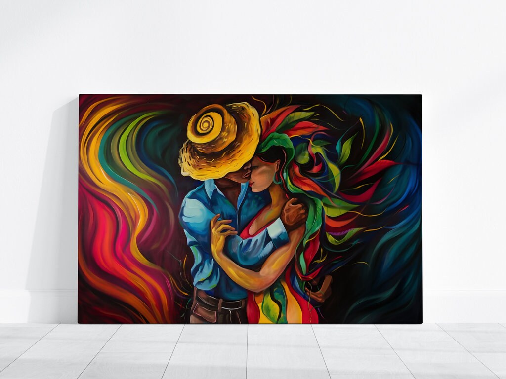 Embrace in Psychedelia Surreal Couple with Abstract Floral Background Interactive Wall Art