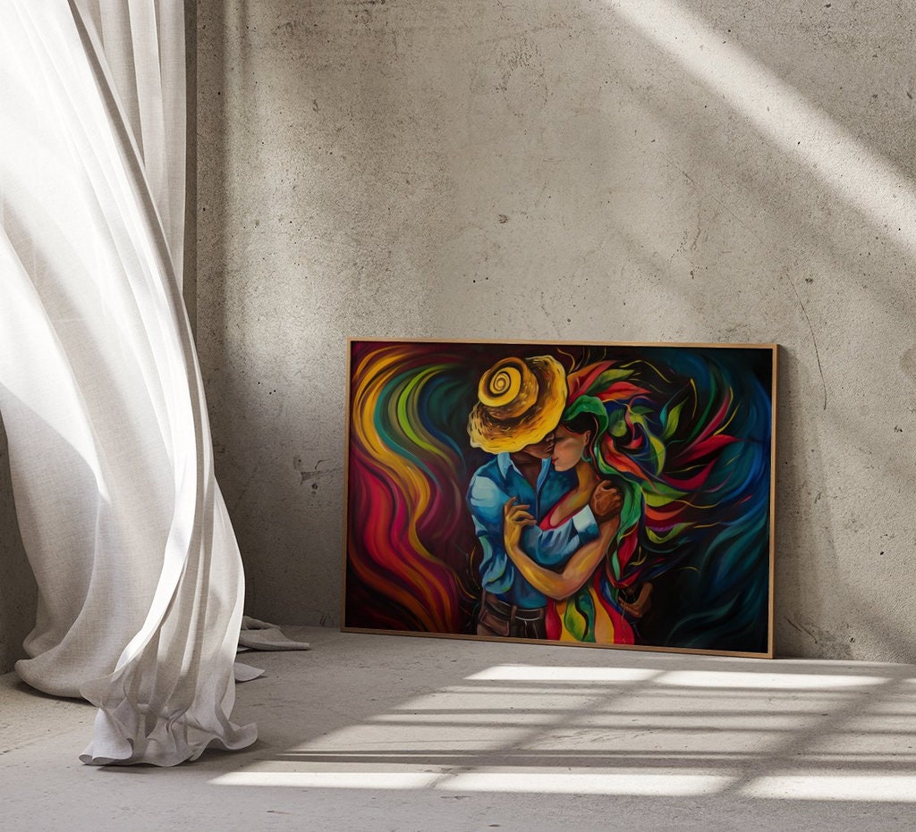 Embrace in Psychedelia Surreal Couple with Abstract Floral Background Interactive Wall Art