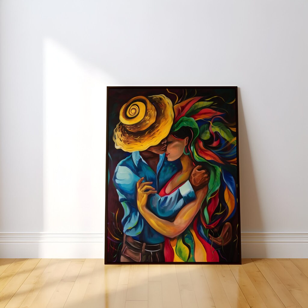 Embrace in Psychedelia Surreal Couple with Abstract Floral Background Interactive Wall Art