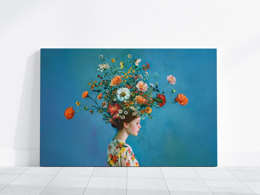 Surreal Floral Headdress Woman in Colorful Blouse Interactive Wall Art