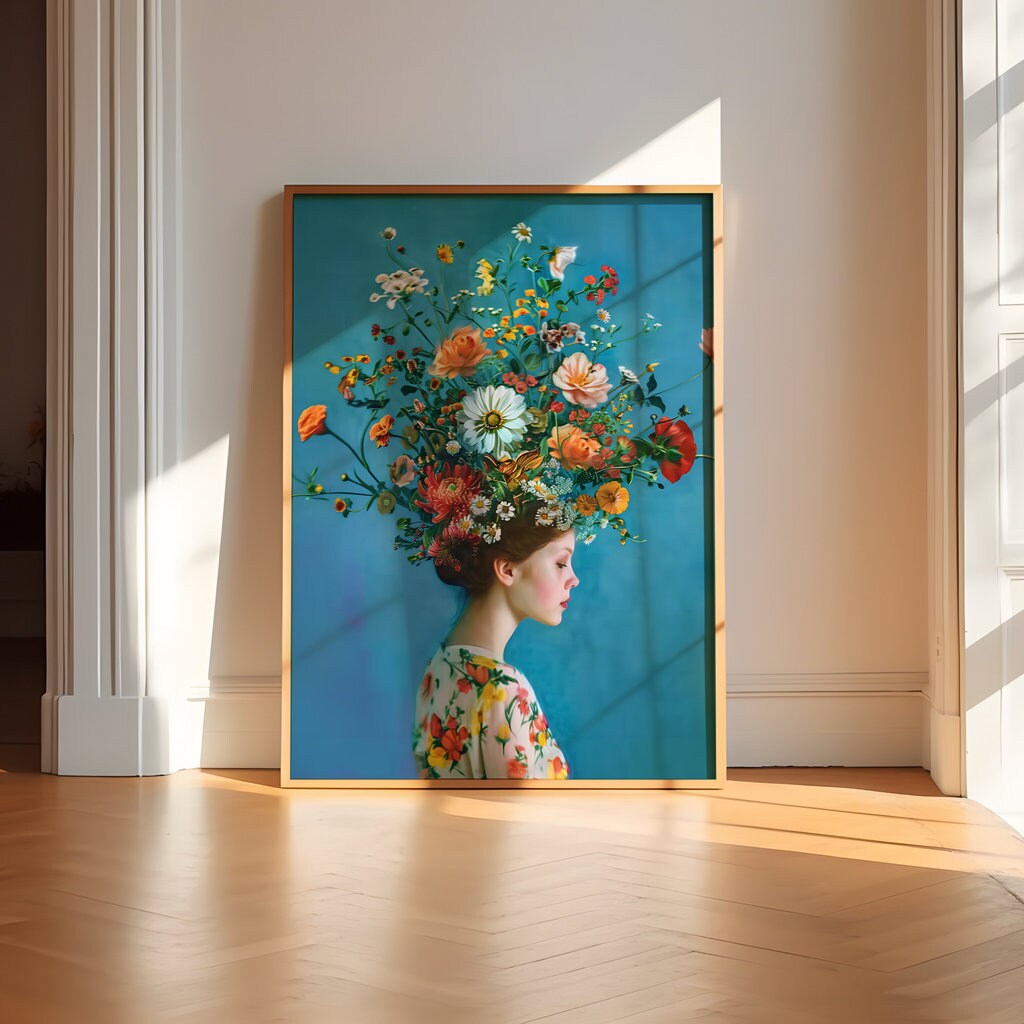 Surreal Floral Headdress Woman in Colorful Blouse Interactive Wall Art