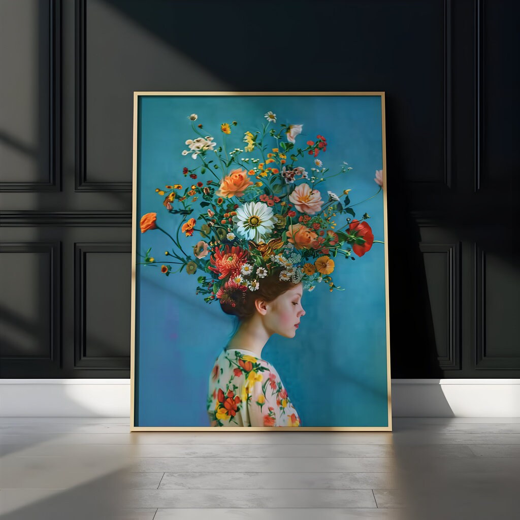 Surreal Floral Headdress Woman in Colorful Blouse Interactive Wall Art