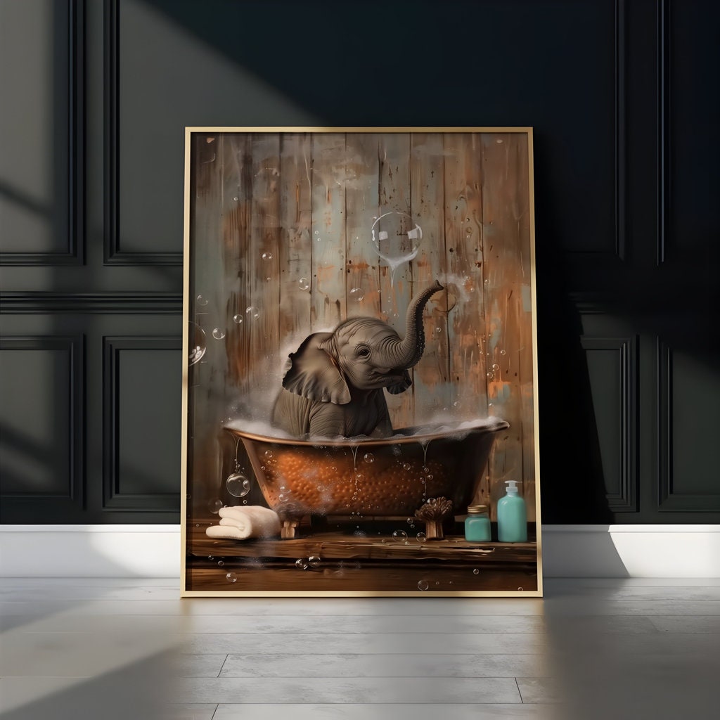 Surreal Baby Elephant Bubble Bath Rustic Wooden Interactive Wall Art