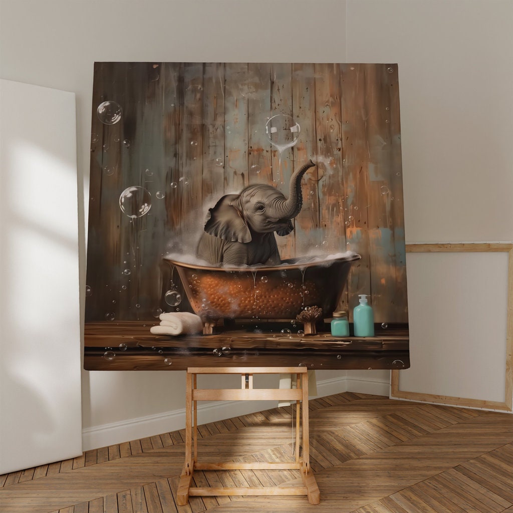 Surreal Baby Elephant Bubble Bath Rustic Wooden Interactive Wall Art