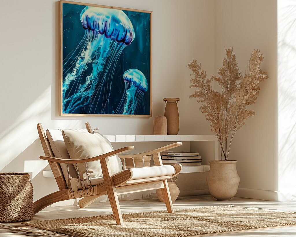 The Abyss: Glowing Jellyfish Underwater Art | Ethereal & Serene Marine Life Decor