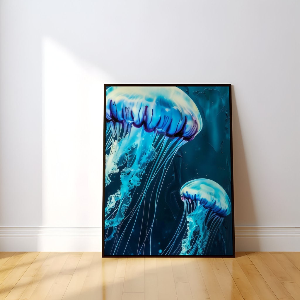 The Abyss: Glowing Jellyfish Underwater Art | Ethereal & Serene Marine Life Decor