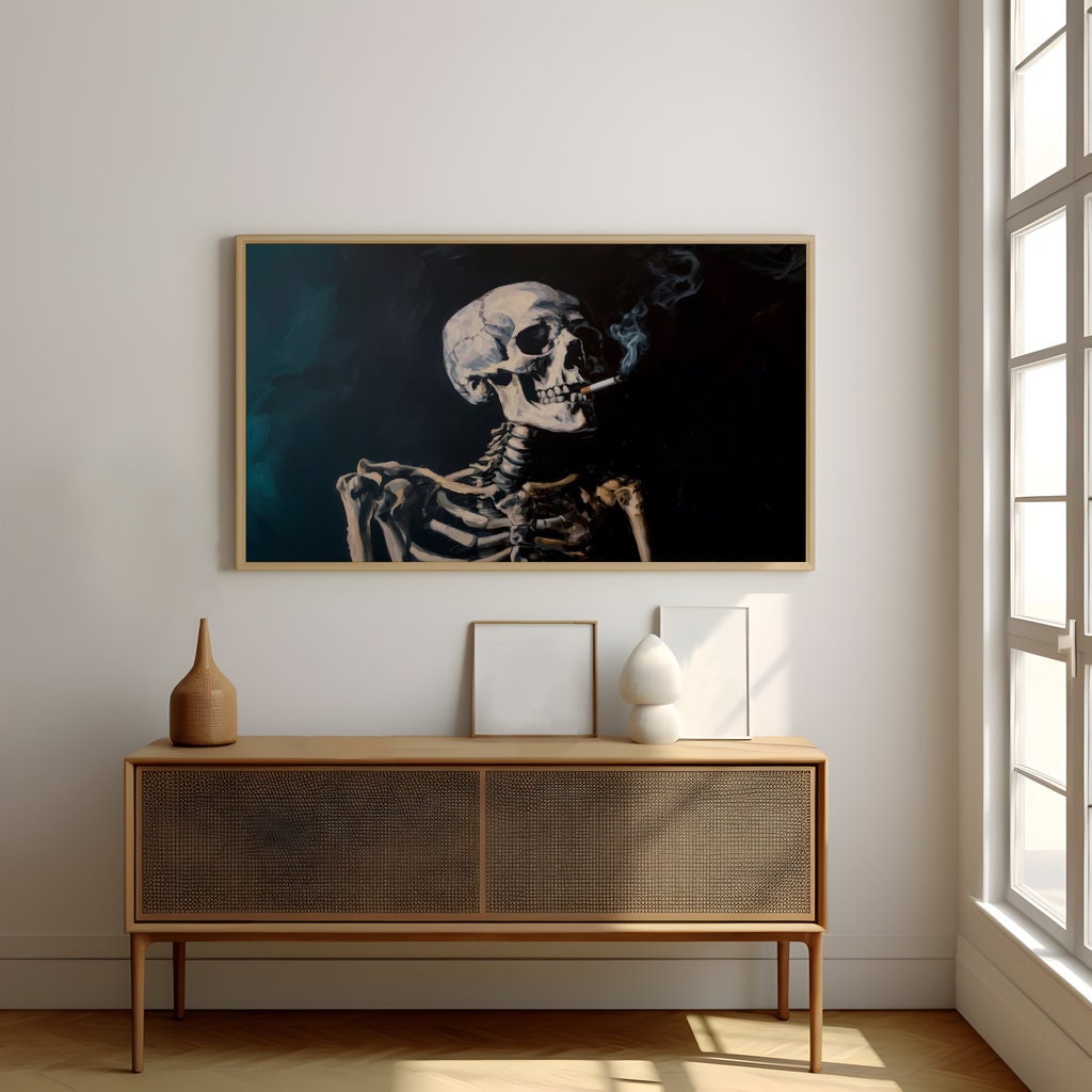 Skeleton Smoking Dark Atmospheric Interactive Wall Art