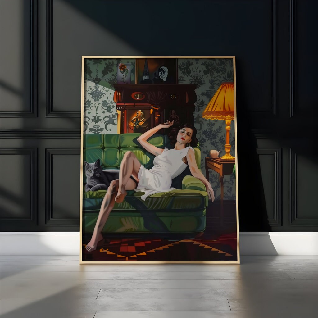 Vintage Elegance Woman Reclining on Green Tufted Sofa with Black Cat Interactive Wall Art