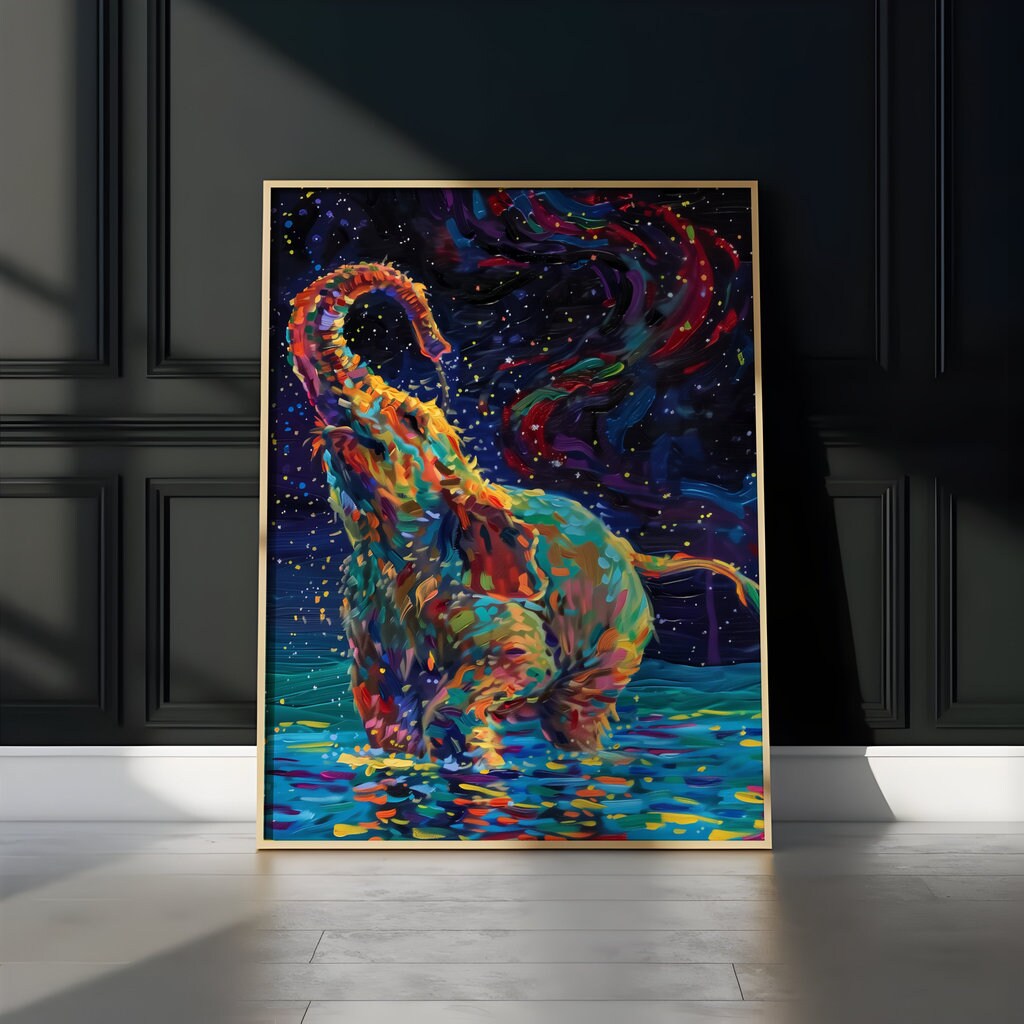 Cosmic Elephant: Fantastical Blue & Colorful Animal Art | Surreal Space Wall Decor