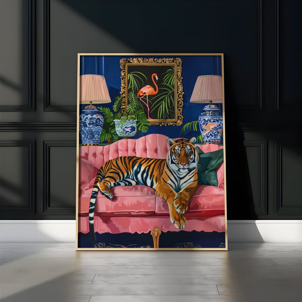 Tropical Elegance Reclining Tiger on Pink Sofa Interactive Wall Art