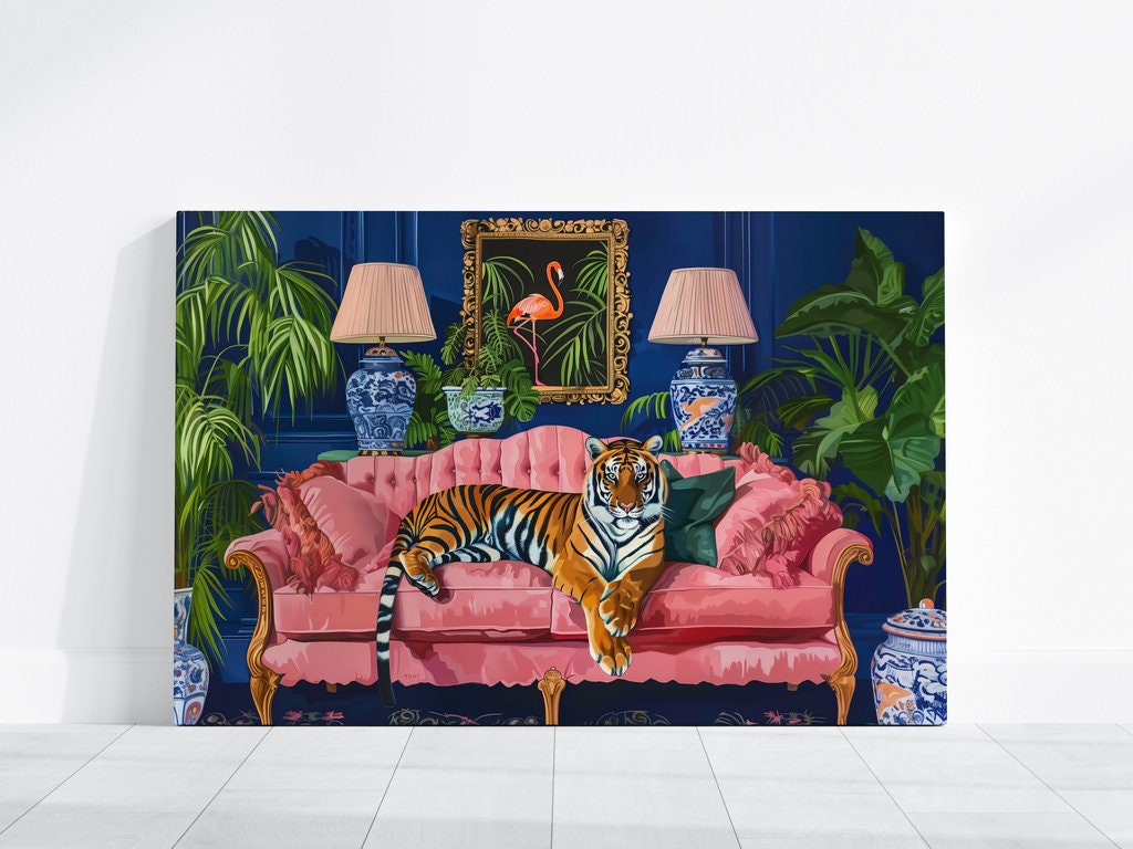 Tropical Elegance Reclining Tiger on Pink Sofa Interactive Wall Art