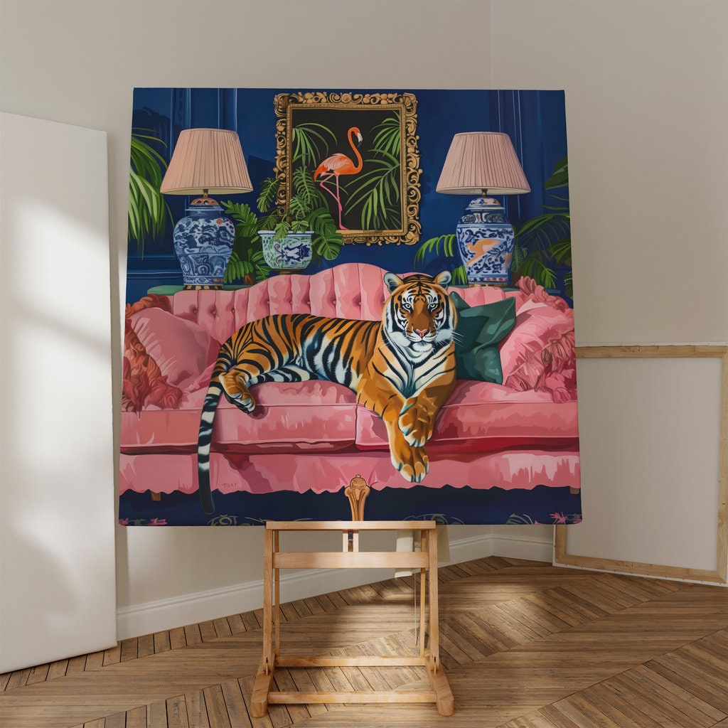 Tropical Elegance Reclining Tiger on Pink Sofa Interactive Wall Art