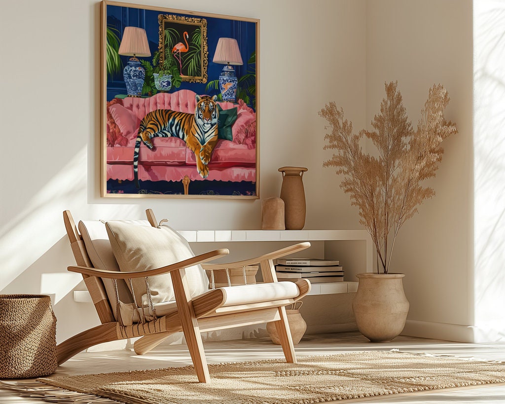 The Empress's Lounge: Tiger on Pink Sofa Art | Exotic, Opulent & Moody Wall Decor
