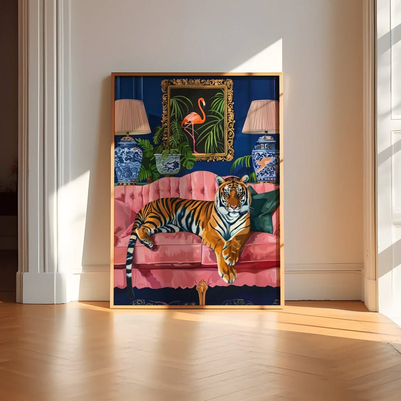 Tiger On Pink Sofa Art – Majestic Tiger Artwork | Exotic Wall Decor & Opulent Home Art