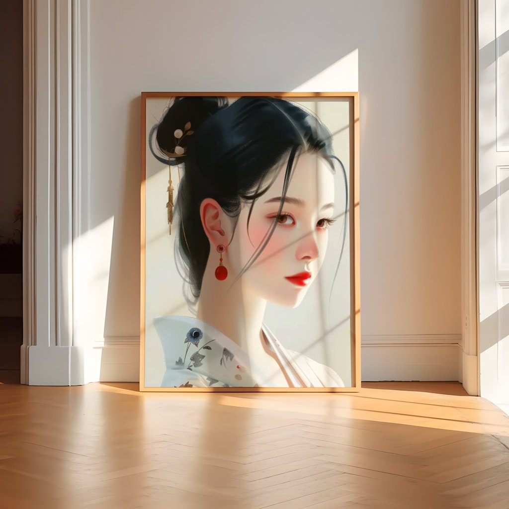 The Geisha's Gaze: Elegant Japanese Woman Portrait | Traditional Floral Art Decor