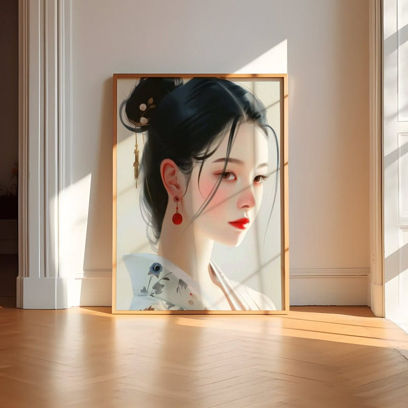 Japanese Woman Portrait – Traditional Japanese Art Print | Elegant Floral Wall Decor